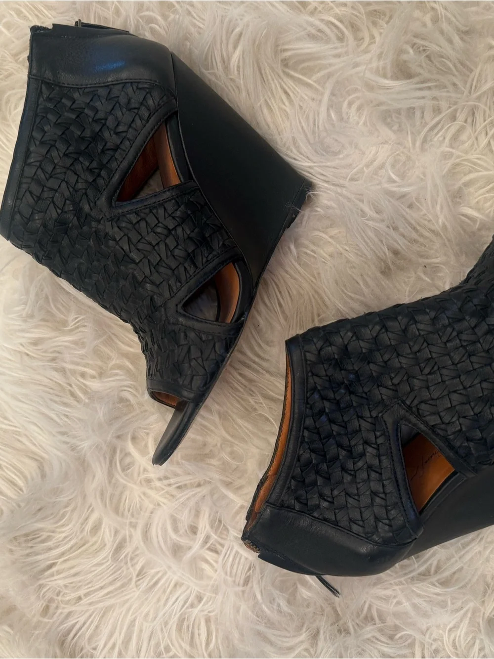 Elizabeth and James Black Woven Peep-Toe Wedge Booties